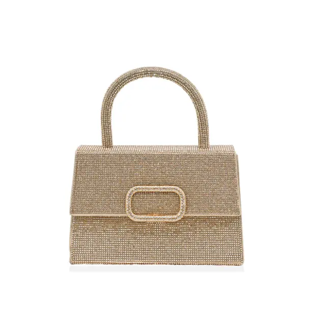 Ghetto Rhinestone Top Handle Bag with Chain Strap | Luxury Crystal Evening Handbag Gold