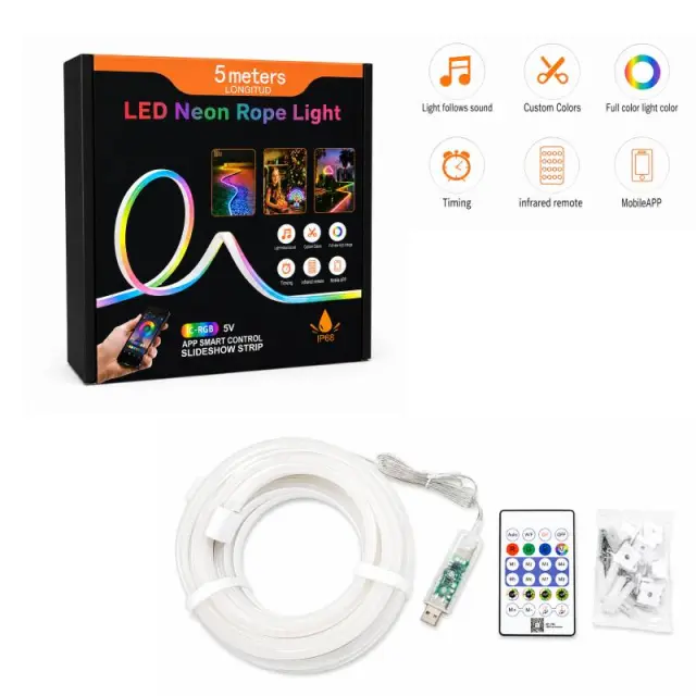 Έξυπνη RGB LED Neon Rope Light 5 Μέτρων USB με Τηλεχειριστήριο, Εφαρμογή και IP68 - LED Neon Rope Light 5M 082398