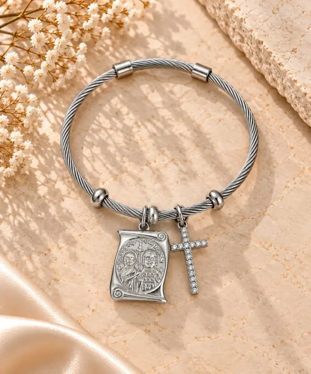 Silver Stainless Steel Cuff Bracelet with Byzantine Icon & Crystal Cross