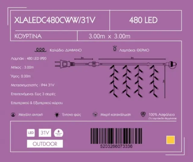 Κουρτίνα 480 LED Λευκό Θερμό Επεκτεινόμενο Εξωτερικού Χώρου Διάφανο Καλώδιο 3m 2