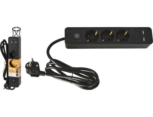 Πολύπριζο (KT9000020) 3x Schuko, 2x USB, Mε διακόπτη Οn/Off, Παιδική προστασία, καλώδιο 1.4m, Μέγιστη ισχύ 3680watt - Mαύρο KT9000020 2