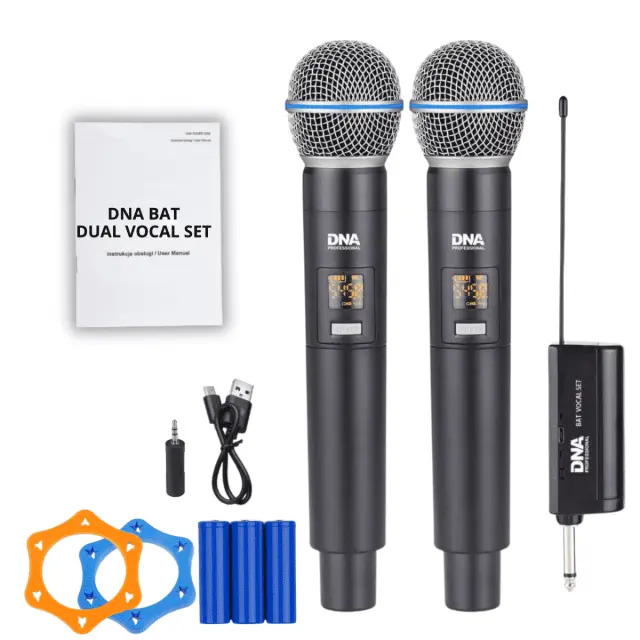 DNA BAT DUAL VOCAL SET wireless system battery-powered 2x handheld microphone receiver UHF 518-542 MHz anti-roll ring 6.35 mm jack - 3.5 mm jack adapter 2x windscreen 3