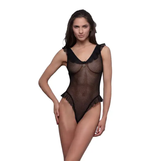 Milena Γυναικείο Sexy Κορμάκι Δίχτυ Πουά Βολάν, Χρώμα Μαύρο - S