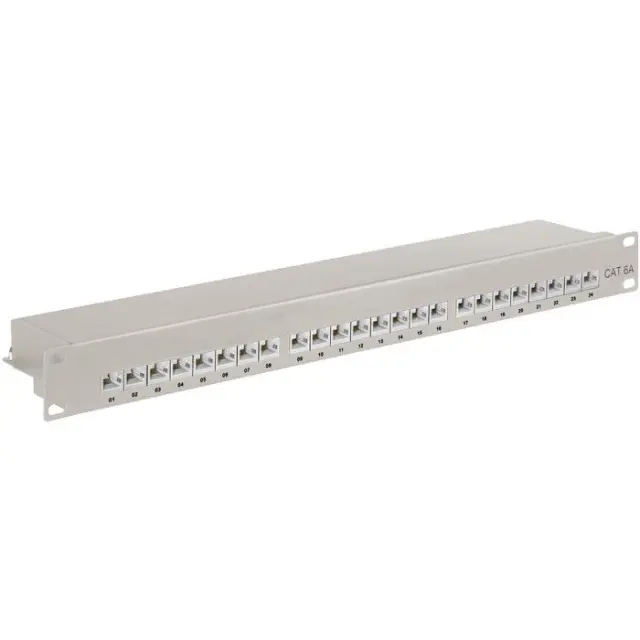 Patch panel κατηγορίας CAT 6A STP, 24 θυρών σε γκρι χρώμα.