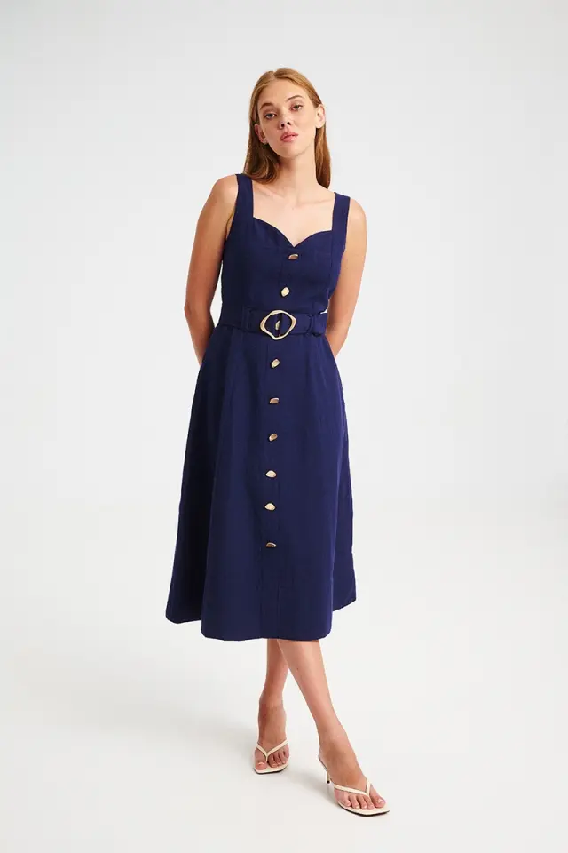 Λινό Midi Φόρεμα με Καρδιά Λαιμόκοψη DEVA DRESS - XS