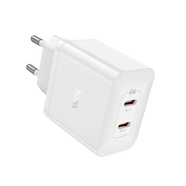 Φορτιστής Ταξιδίου Hoco N35 Streamer με 2 Εξόδους Φόρτισης USB-C Συνολικά PD45W GaN Tech Λευκός