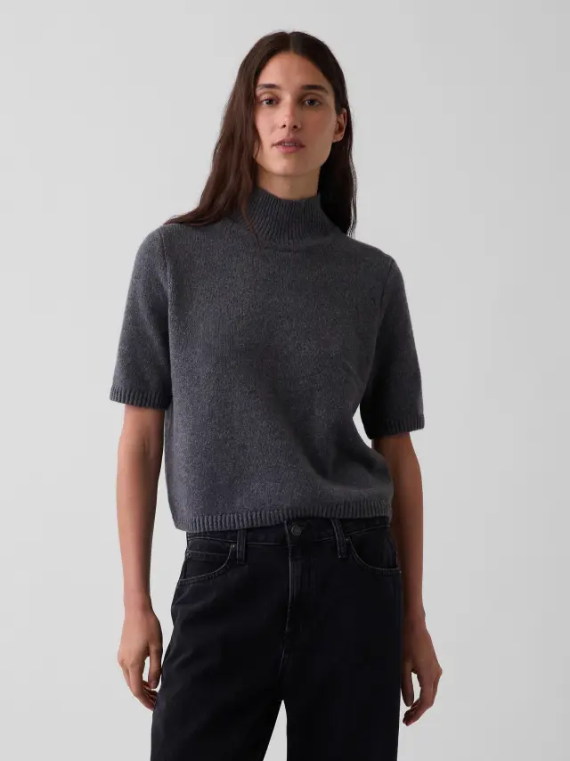 Γυναικείο Πουλόβερ CashSoft Mockneck με Μανίκι μέχρι τον Αγκώνα Charcoal grey