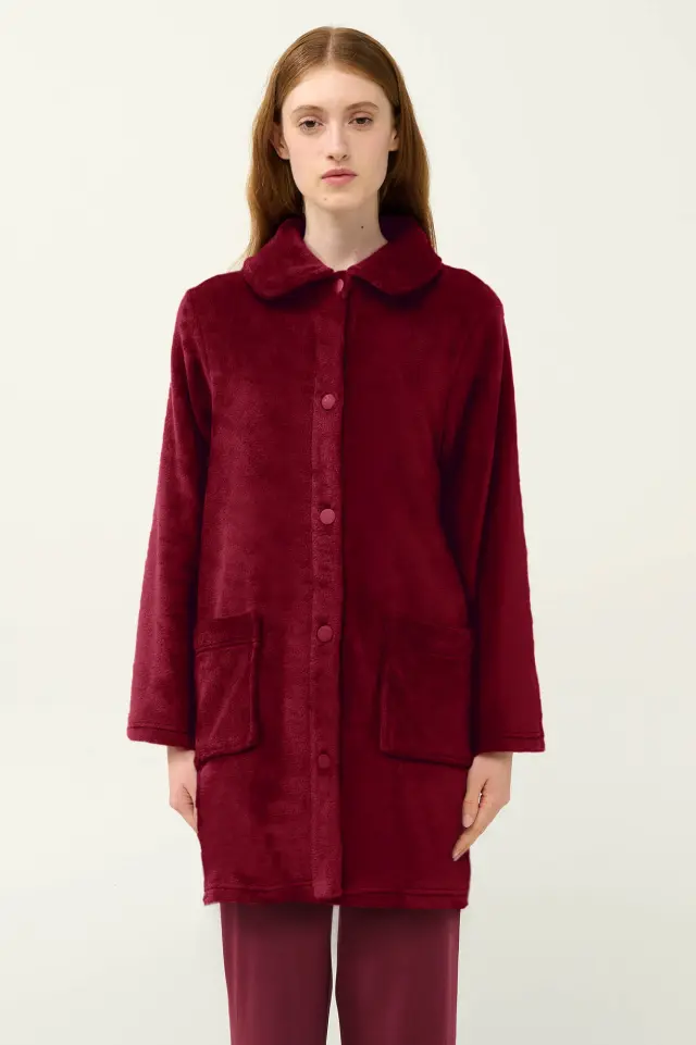 Μονόχρωμη Γυναικεία Ρόμπα Fleece Κουμπωτή Vamp 23362 RED PORTO 3