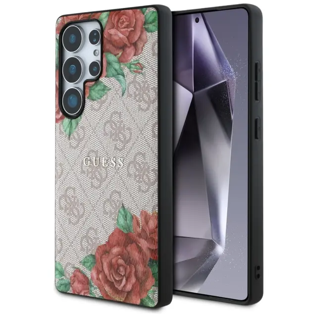 Guess PU Leather 4G Flowers Print Metal Classic Logo MagSafe Case for Samsung Galaxy S25 Ultra Pink 2