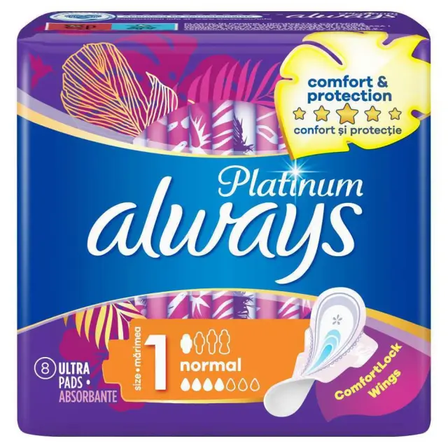Always Platinum Ultra Normal Σερβιέτες με Φτερά για Κανονική Ροή 4 Σταγόνες Μέγεθος 1 8τμχ 2
