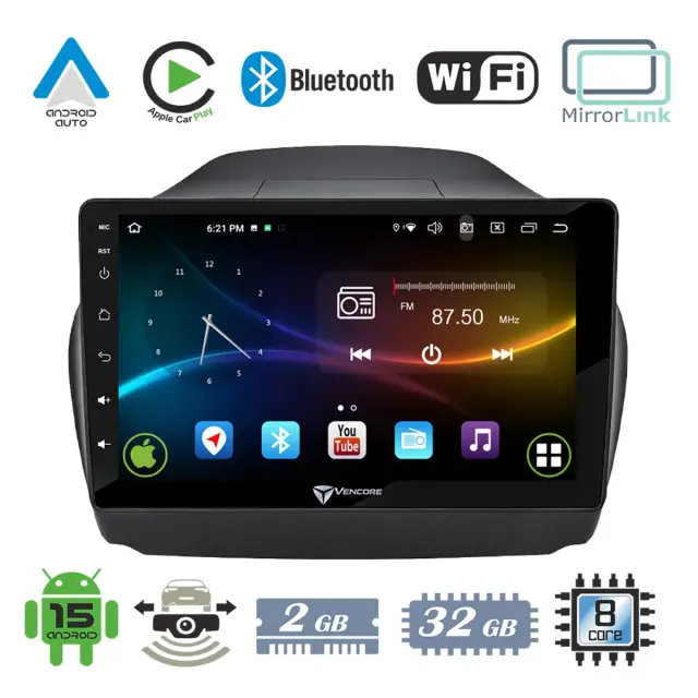 VenCore Οθόνη Multimedia Android 15 10" 9109A MTK6762 Octa-Core 2GB/32GB IPS με Πρόσοψη, CarPlay, Android Auto και Υποστήριξη Κάμερας Οπισθοπορείας AHD για Hyundai IX35 Auto A/C 2010-2015 – Μαύρη (3236-10008-0029B)