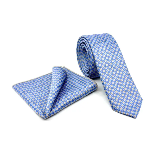 Μπλε–Μπεζ Γραβάτα Μικρό Καρό Microfiber Σετ με Μαντήλι 6,5 cm
